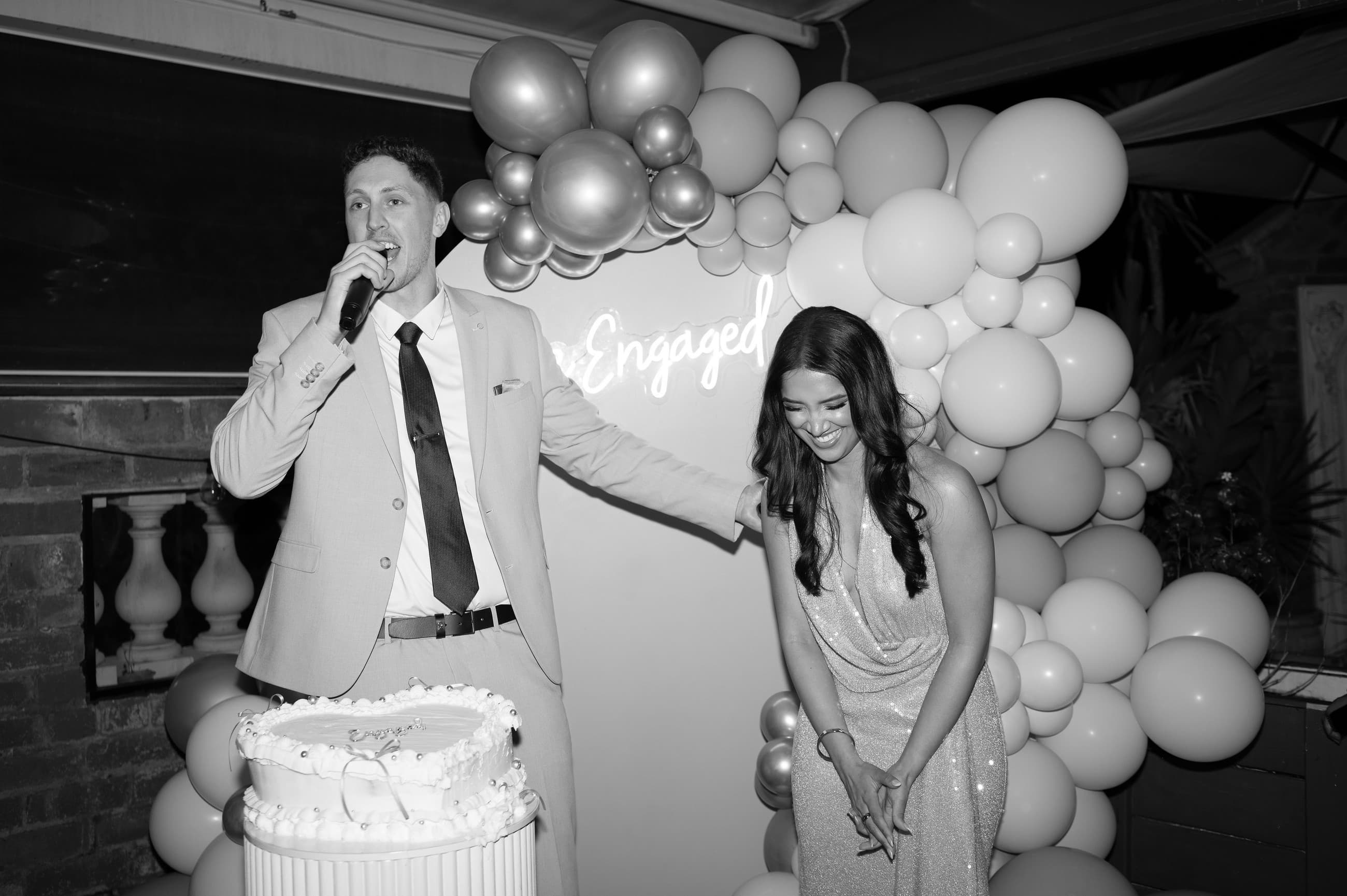 Alex's speech at their engagement party, black and white