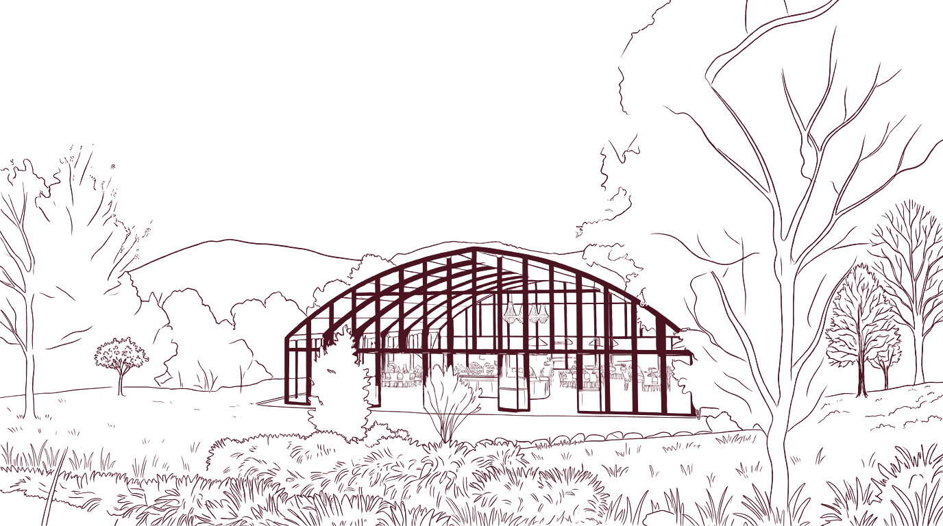 Line-art rendering of the Alora Macedon glass atrium, framed by trees