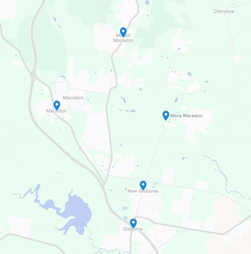 Map showing Alora Macedon and the nearby towns of Macedon, New Gisborne and Gisborne